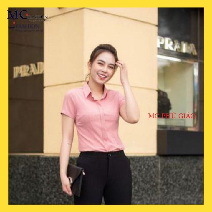 Mẫu Áo Sơ Mi Nữ Công Sở Đẹp Kẻ Sọc Caro Tay ngắn Cổ Đức Có 3 Màu Hồng Cam Xanh Mc Fashion A645