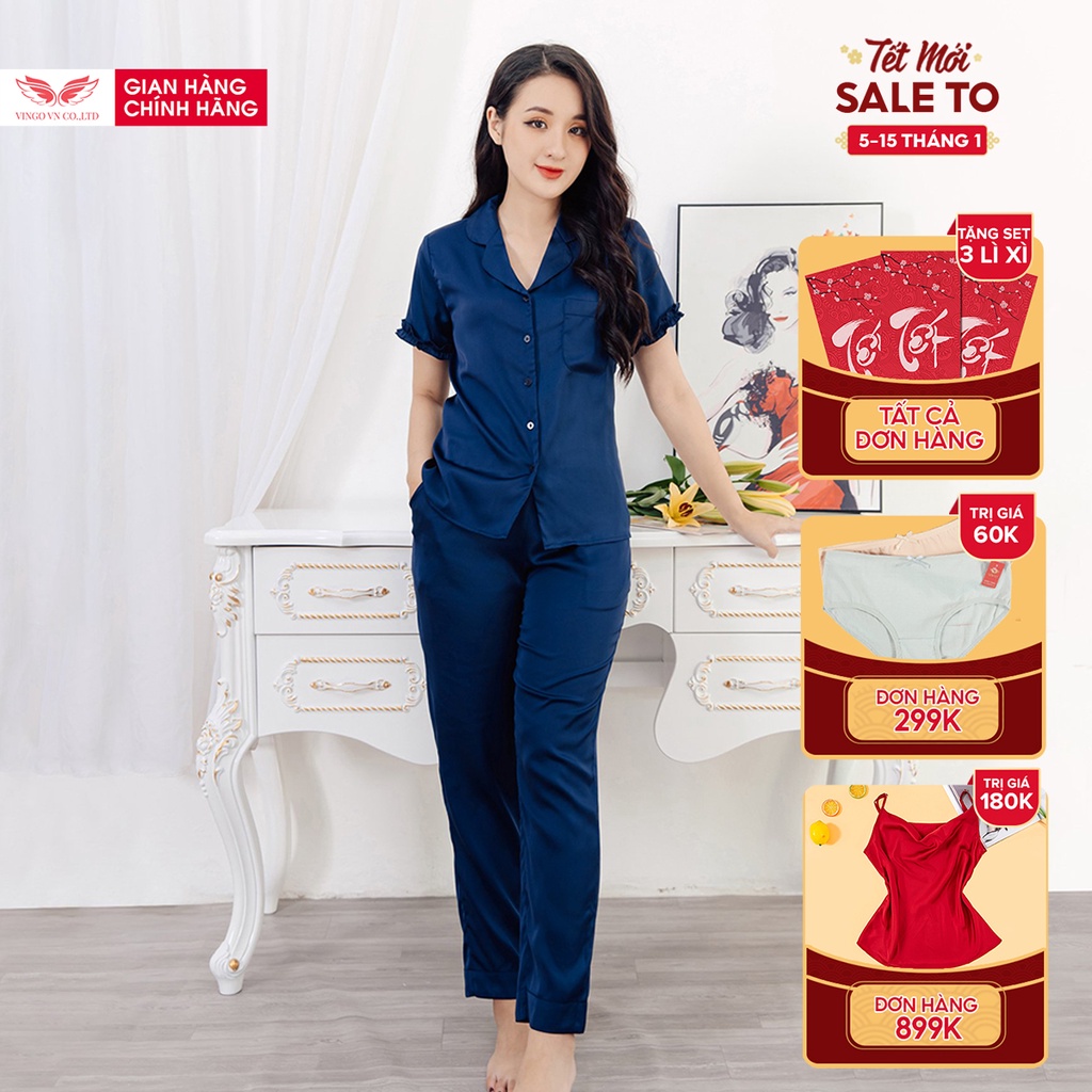 Bộ Đồ Mặc Nhà Pyjama Nữ VINGO Chất Liệu Lụa Pháp Trơn Cao Cấp Tay Cộc Quần Dài Thanh Lịch Hiện Đại H482 VNGO