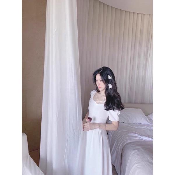 Đầm Váy Trắng Chéo Dây Ngực Xếp Li Eo Tôn Lên Form Siêu Xinh Mặc Đi Tiệc Đi Chơi