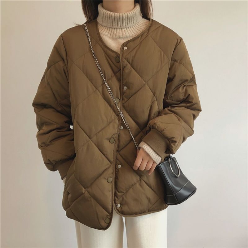 Áo Khoác Phao Lót Cotton Nhẹ Cổ Tròn Đính Kim Cương Phong Cách Thời Trang Thu Đông Hàn Quốc Hàng Mới