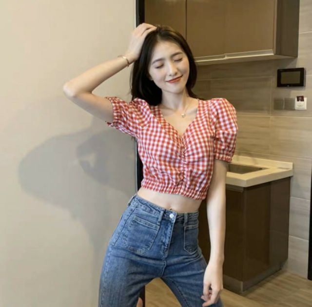 Áo caro rút ngực mẫu mới - Áo croptop nữ xinh xắn