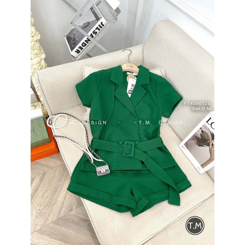 Set bộ áo vest khuy bọc thắt đai eo tay con kèm quần short!