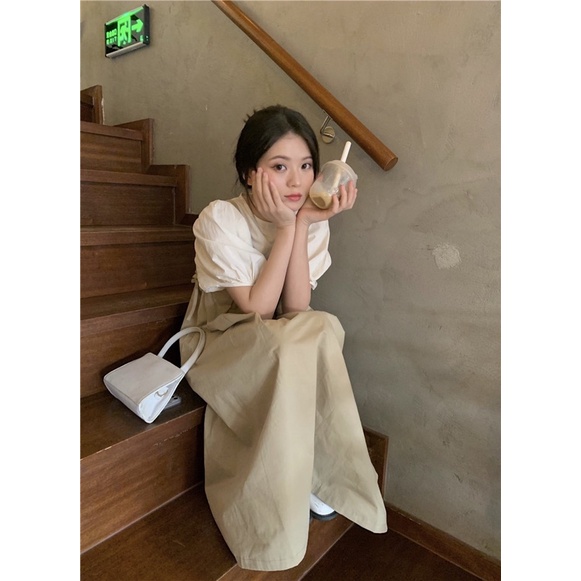 Váy yếm form rộng dáng dài dây bảng to màu nâu tây