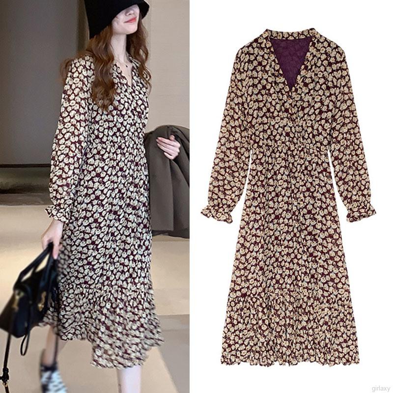 Đầm Dài Tay Họa Tiết Hoa Xinh Xắn Thời Trang Theo Phong Cách Pháp Dành Cho Nữ