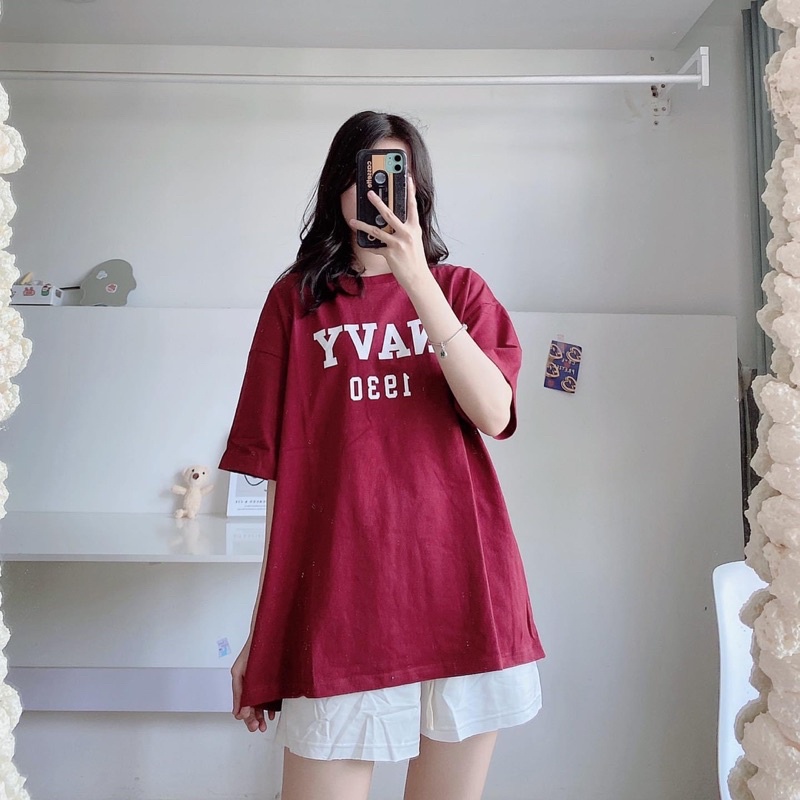 Áo thun cotton tay lỡ dáng rộng unisex Navy freesize 38-65kg