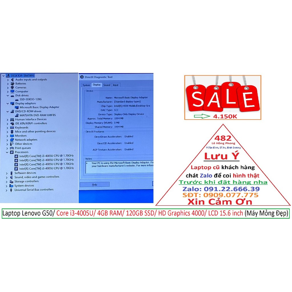 Laptop Lenovo G50/ Core i3-4005U/ 4GB RAM/ 120GB SSD/ HD Graphics 4000/ LCD 15.6 inch (Máy Mỏng Đẹp) | BigBuy360 - bigbuy360.vn