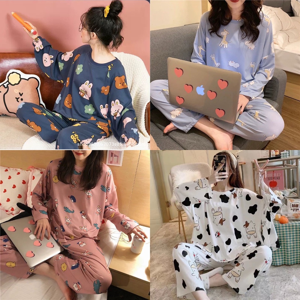 Bộ ngủ dài tay mặc nhà thu đông họa tiết hoạt hình dễ thương Cotton Jelishop