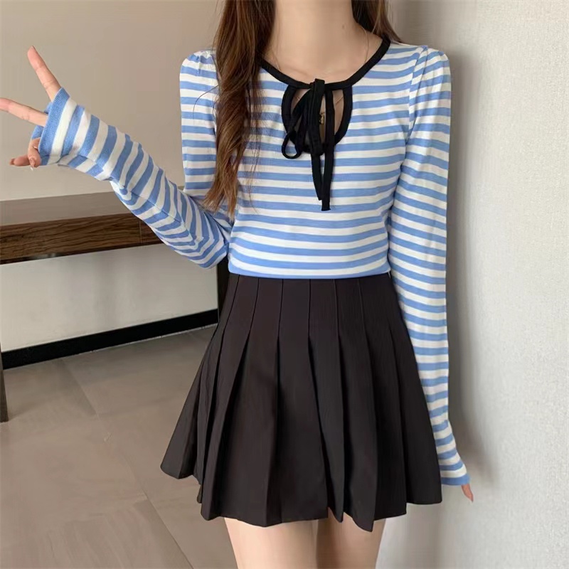 【ZHELIHANGFEI】Áo Dệt Kim Tay Dài Lưng Cao Kẻ Sọc Cá Tính Thời Trang