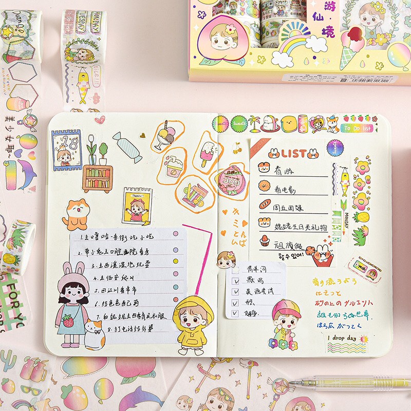 Hộp 10 cuộn washi tape + 10 tấm sticker cute băng keo trang trí sổ dễ thương loại không thấm nước