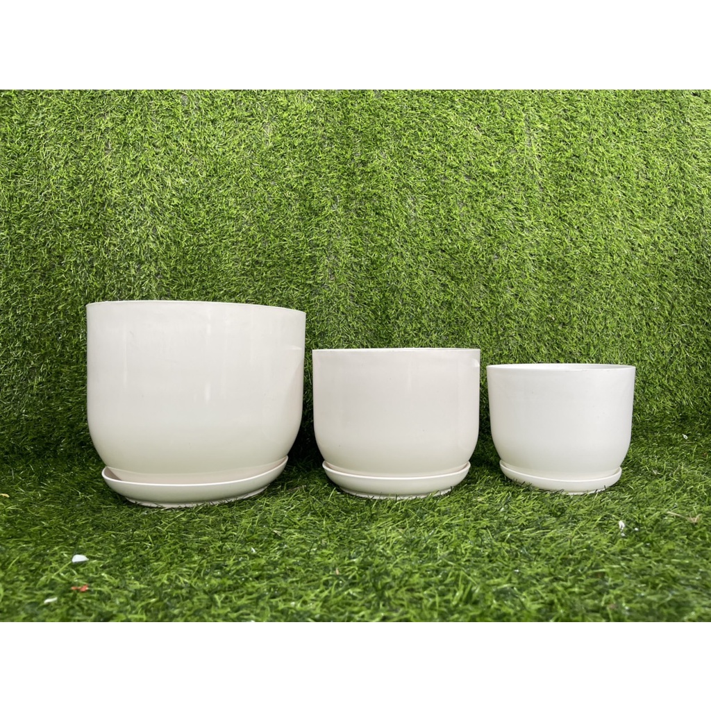 Chậu nhựa tròn giả sứ kèm đĩa trồng cây cảnh mini, sen đá, sương rồng kèm hàng dày đẹp (Tròn sứ trơn)