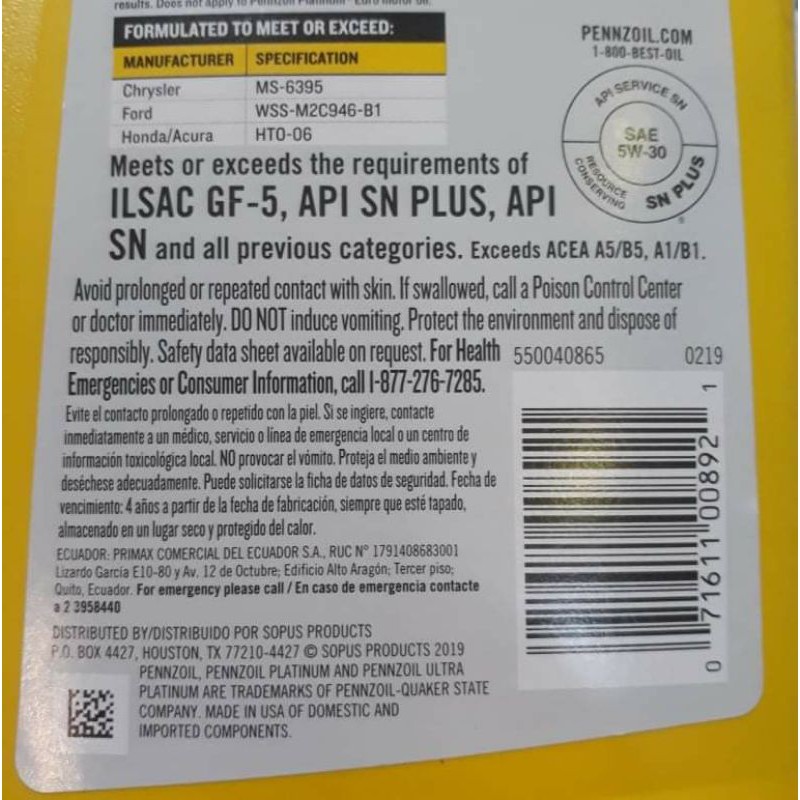 Nhớt tay ga cao cấp Pennzoil Ultra Platinum 5W30