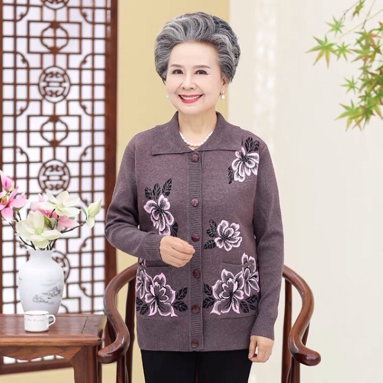(HÀNG SẴN KHO) Áo khoác len  cardigan trung niên cổ bẻ_áo ấm mùa đông cho bà cho mẹ