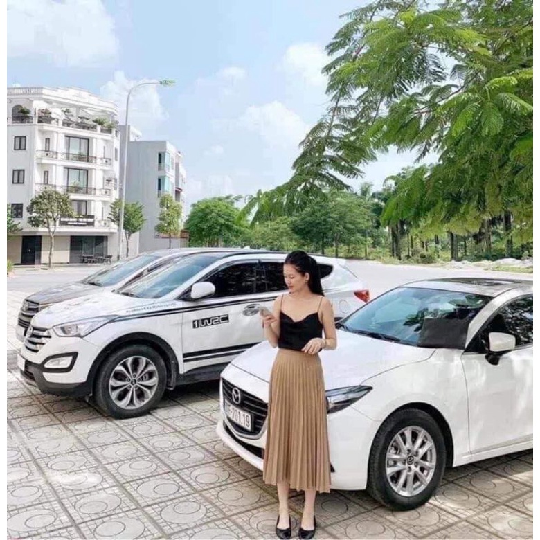 Chân váy midi Stradivarius xuất xịn vintage xô kate xếp ly màu nâu cát