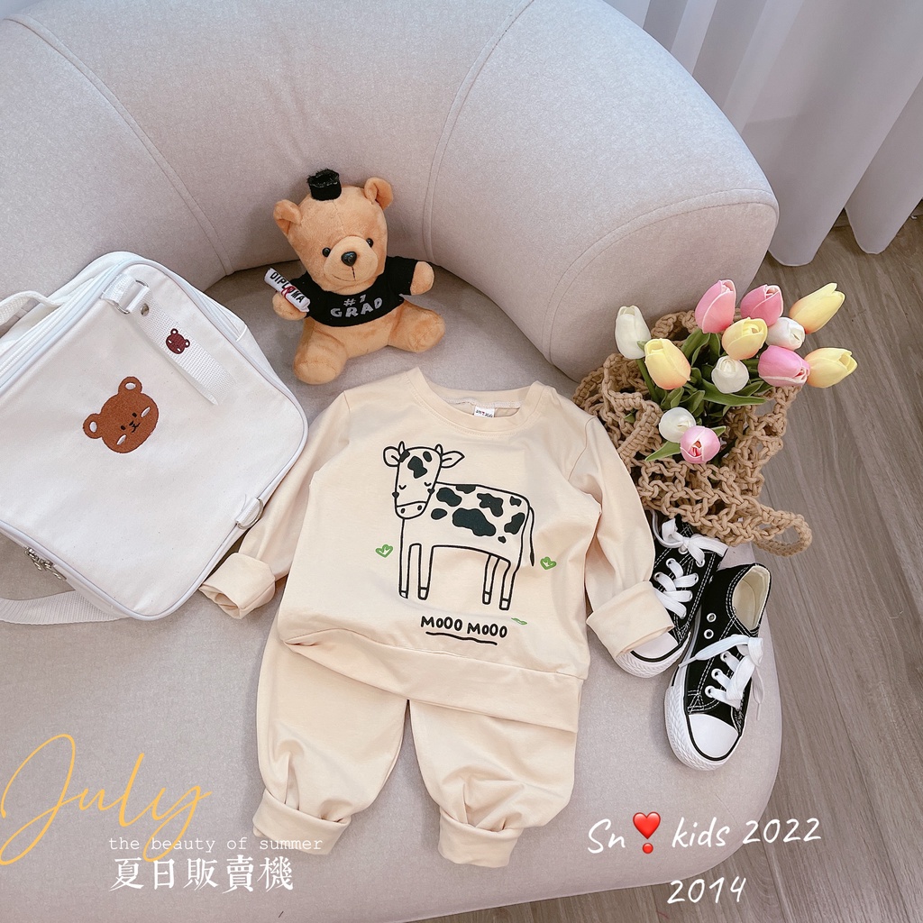 Bộ cotton dài tay mèo- bò sữa bé gái