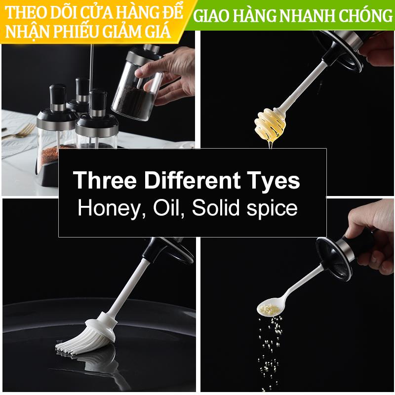 ❀Thủy tinh Tích hợp Chai gia vị Lọ Muỗng Bàn chải Dầu Mật ong Nắp Con dấu Nước sốt Tổ chức Bảo quản Nhà bếp