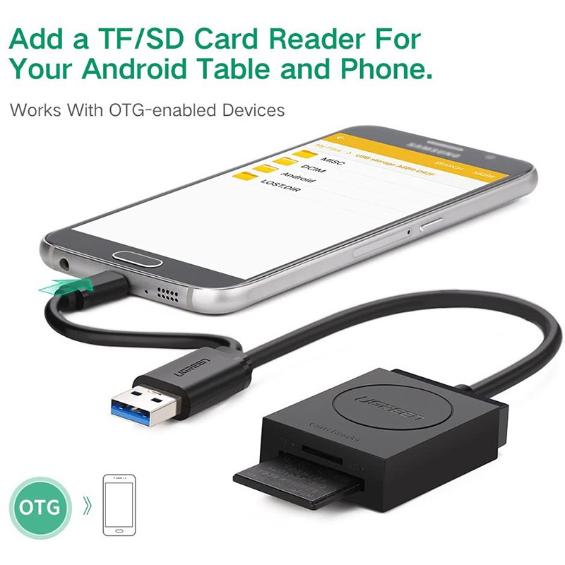 Đầu đọc thẻ TF/SD+OTG micro USB Ugreen 20203 USB3.0 CR127 Chính Hãng màu đen