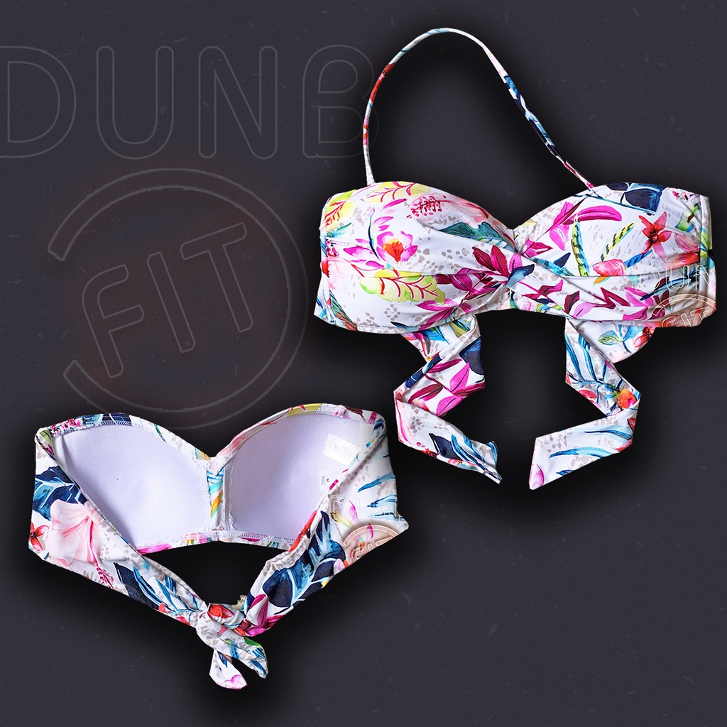 Áo Bikini nữ đồ bơi đi biển 2 mảnh quây ngực hở lưng buộc dây trắng họa tiết lá cọ dún ngực có dây cổ