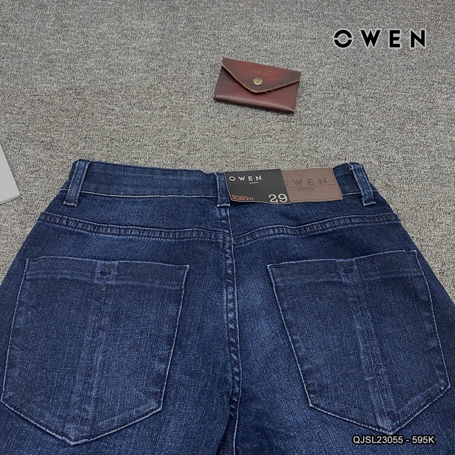 Quần jean nam hàng hiệu Owen QJSL23055 dáng slim fit ống côn màu xanh đậm trơn vải bò denim cotton cao cấp bền đàn hồi
