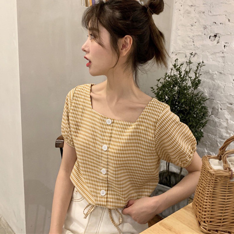 [Baywellfashion]Áo sơ mi tay ngắn họa tiết sọc vuông phong cách Hàn Quốc | BigBuy360 - bigbuy360.vn