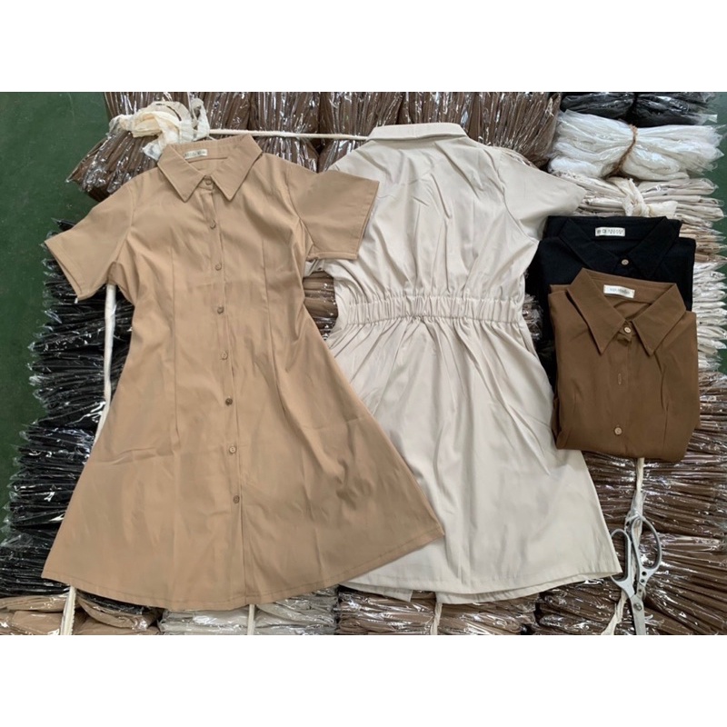 Váy sơ mi cộc tay lưng chun cúc dọc Aimee closet