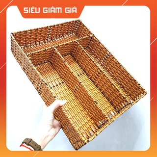 Khay 4 Ngăn Bằng Nhựa Giả Mây Tre Đựng Vật Dụng Cá Nhân, Khay Chia Ngăn Tủ Bếp - Mây Tre Trà My