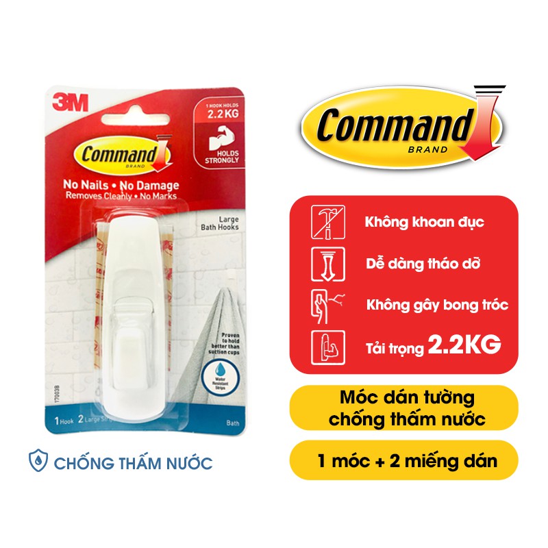 Móc dán tường chống thấm nước Command 3M cỡ lớn chịu lực 2.2kg 17003B