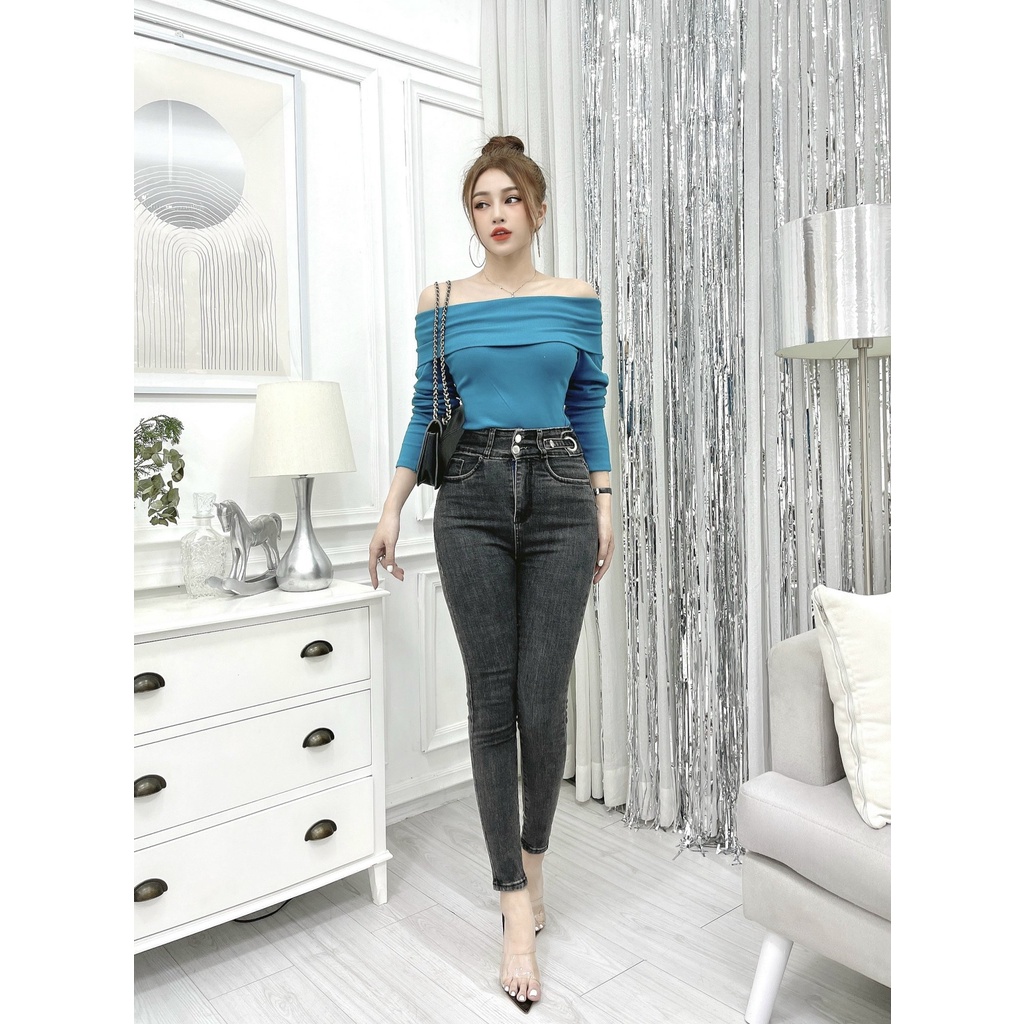 Quần jeans dáng ôm nữ CRAZYTEEN lưng cao đai phối nút K0256