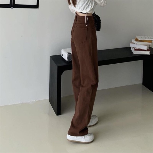 Quần jean nữ ống suông dáng dài lưng cạp cao chất liệu kaki jean bò màu nâu đen trắng phong cách Hàn Quốc trẻ trung