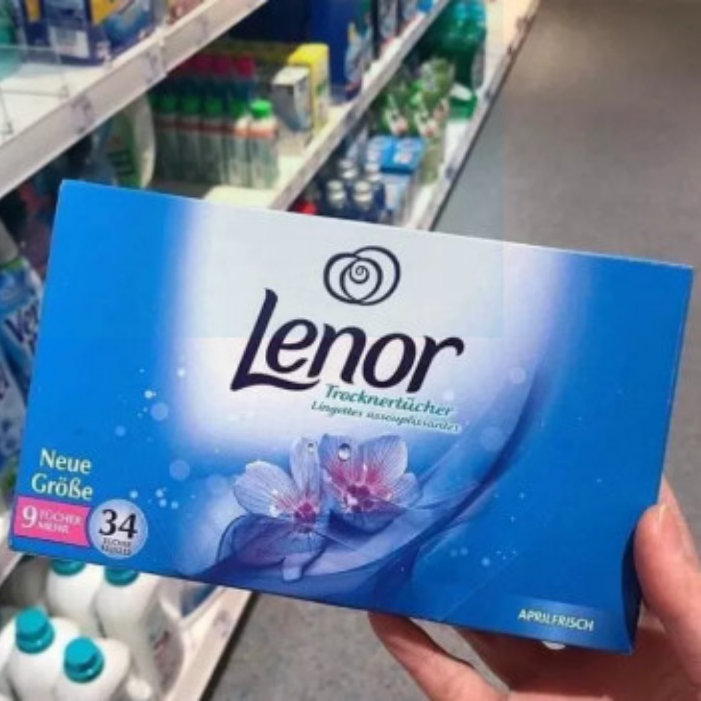 Giấy thơm quần áo Denkmit dùng cho máy sấy, giấy thơm quần áo Lenor- nội địa Đức