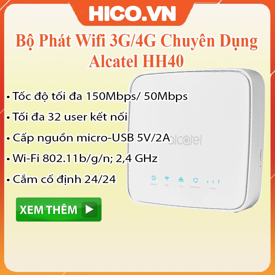 Bộ Phát Wifi 3G/4G Alcatel HH40 – Tốc độ 150Mbps – Cổng micro-USB 5V/2A Dùng Được Sạc Dự Phòng – Hỗ Trợ Kết Nối 32 User