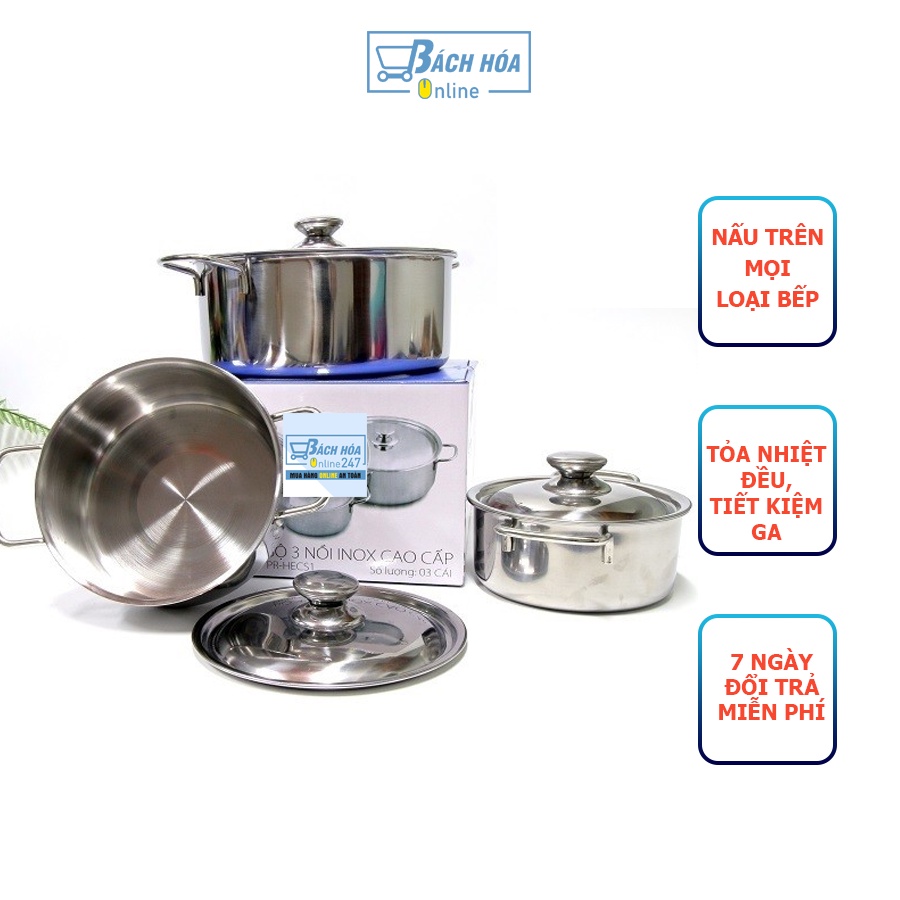 Bộ 3 Nồi Inox Sharp Cho Mọi Loại Bếp, Thân Và Nắp Nồi Inox 410 Dày 0.4mm kích thước 16-2-24cm,Tiết Kiệm Nhiên Liệu