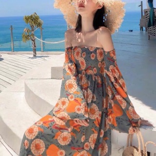 Đầm maxi hoa bẹt vai