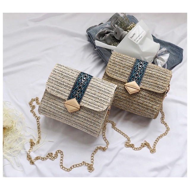 Túi Cói Hộp Thêu Boho