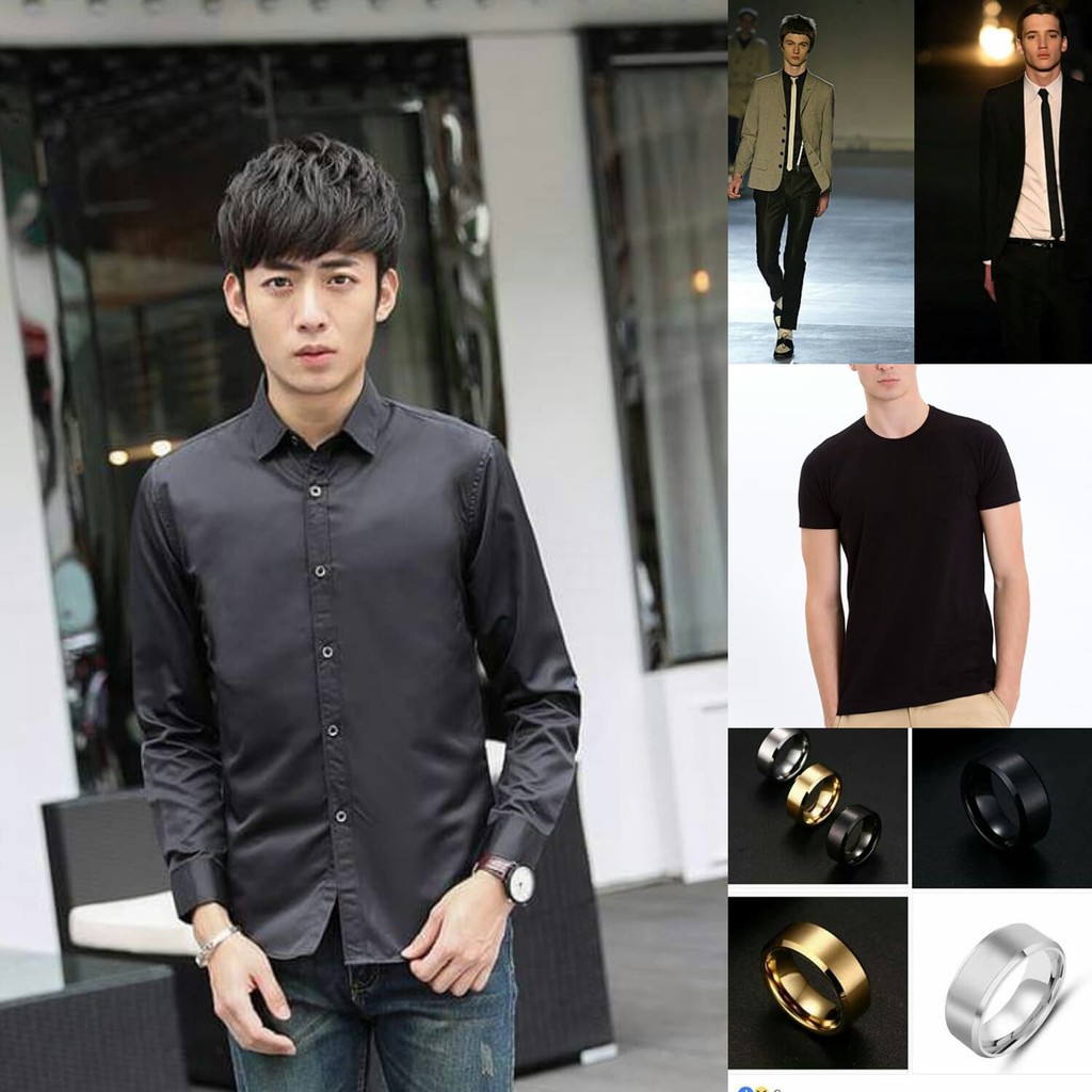 Set đồ nam( nhẫn titan+áo phông trơn+sơ mi+cà vạt)