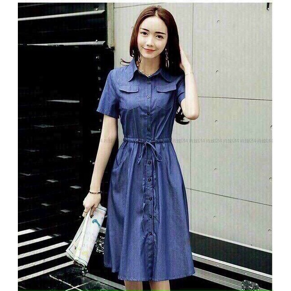 Đầm Jean Xòe Eo Dây Rút Nữ Tính Thanh lịch