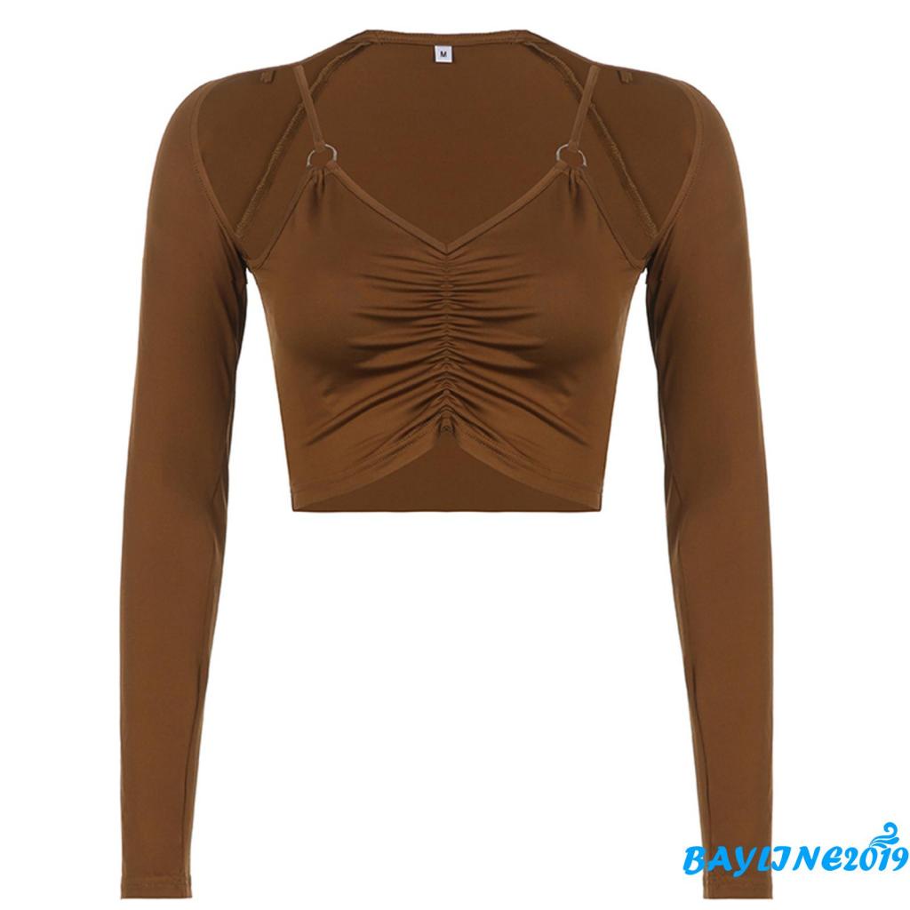 Áo Croptop Tay Dài Cổ Chữ V Màu Sắc Trơn Thời Trang Mùa Hè Dành Cho Nữ