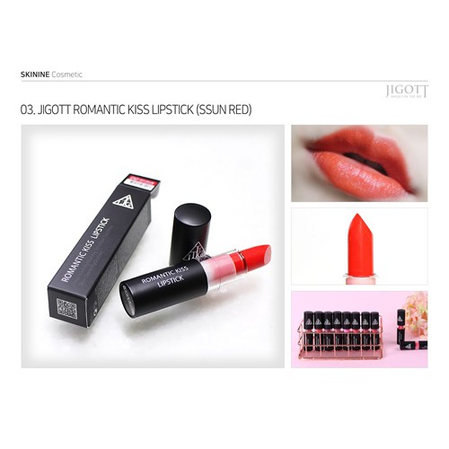 [Đủ Bill]Son không chì lì mịn Hàn Quốc JIGOTT Romance Kiss Lipstick Số #03 màu cam đậm Ssun Red 20g