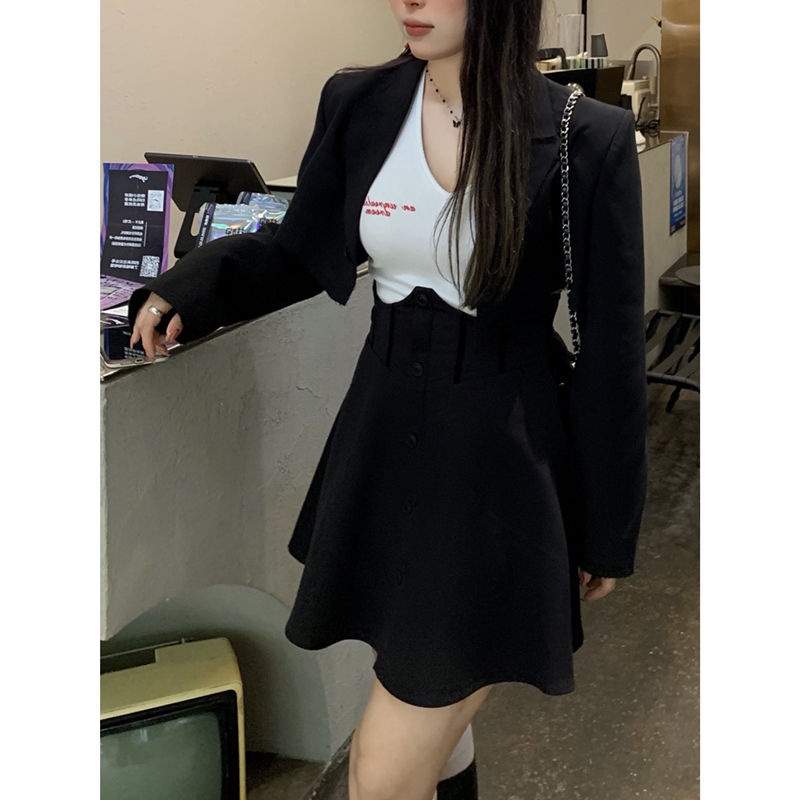 Set Áo Khoác Phối Chân Váy Màu Đen Thời Trang Mùa Thu Cho Nữ