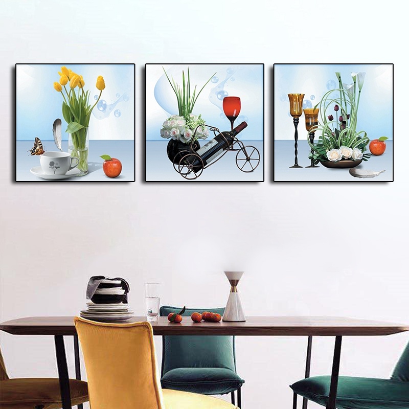Bộ 3 bức tranh vuông treo cạnh bàn ăn, bếp, treo phòng khách, tranh tráng gương 5D- Home Decor.