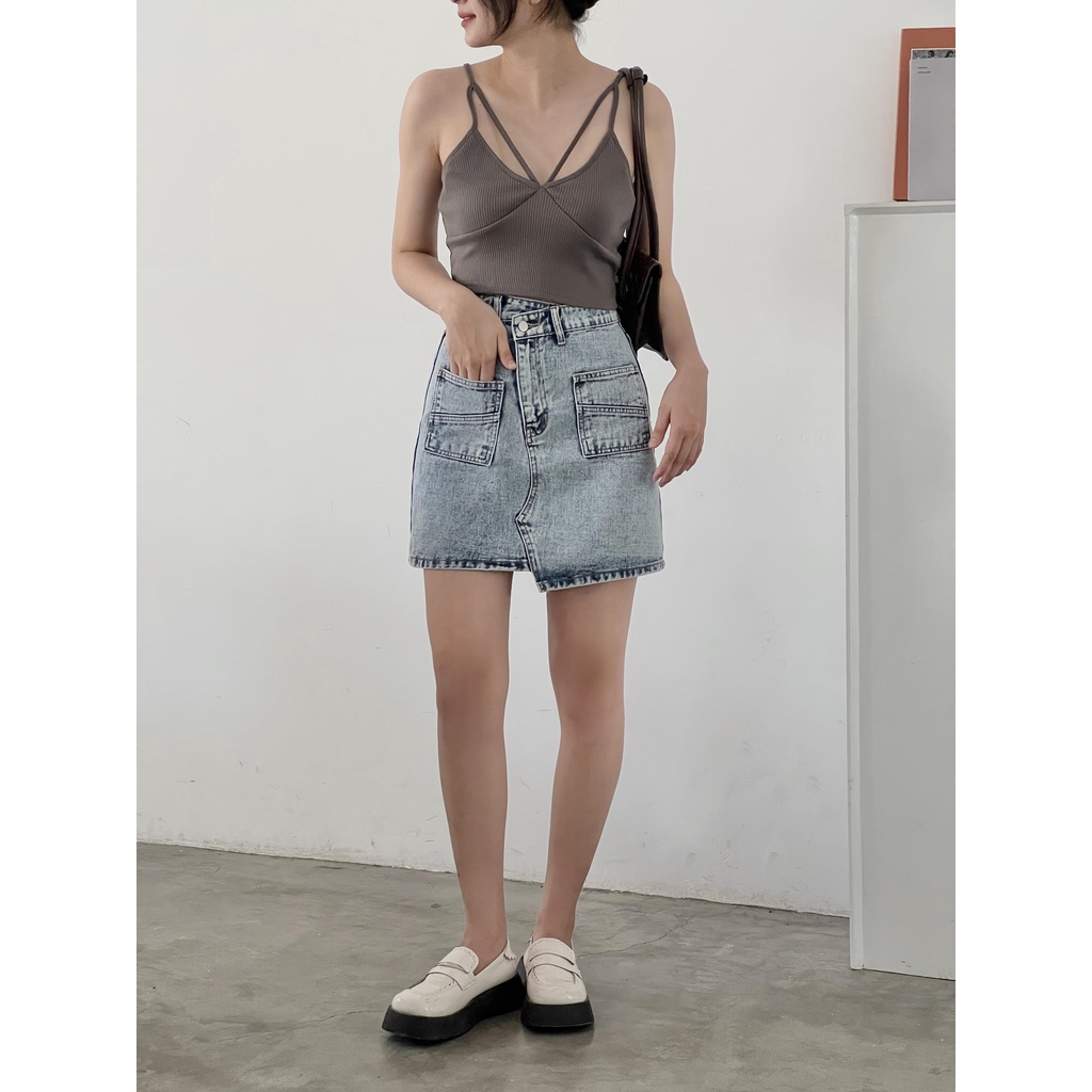 Áo 2 dây thun nữ cúp ngực dây chéo trước thời trang GAGO màu xám tro GA4055