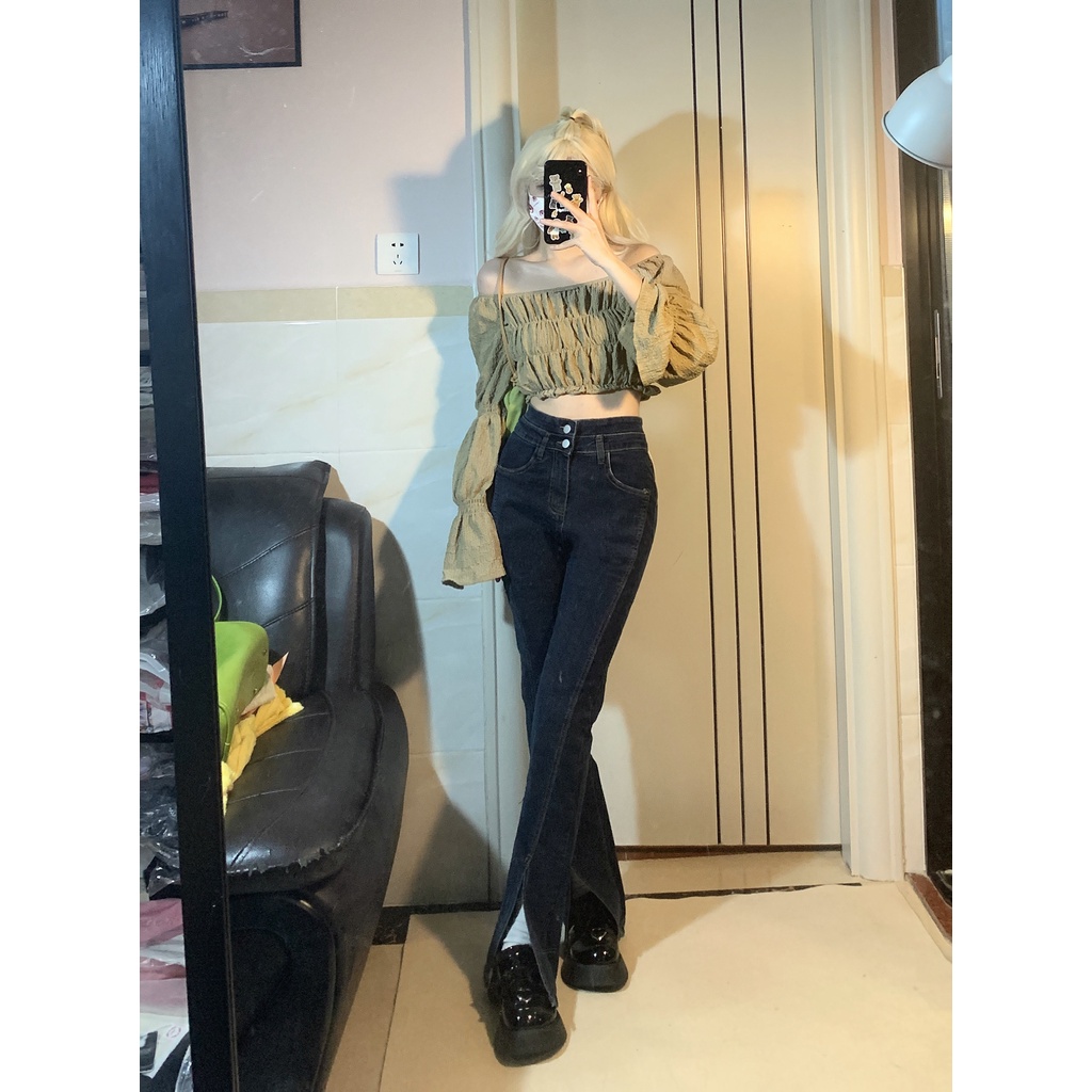 Cocory vn Quần Jeans Nữ Ống Loe Xẻ Tà Thời Trang