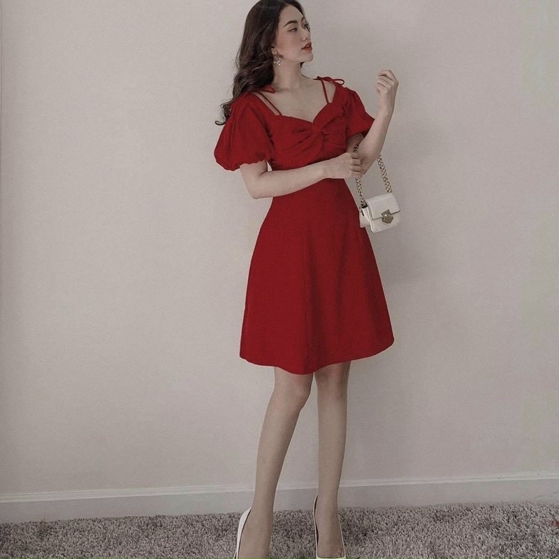 Đầm đỏ dự tiệc nơ ngực dịp Tết Giáng sinh Noel chất vải đẹp