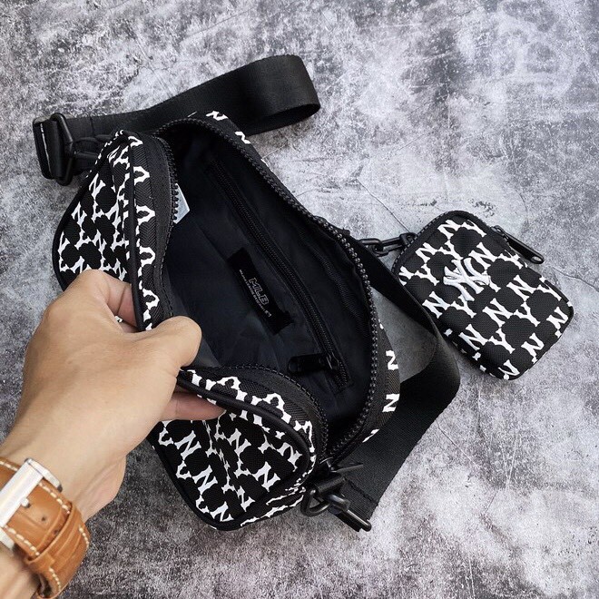 ⚡️ Túi M.L.B đeo chéo NY Monogram Jacquard Cross Bag - Black/White HÀNG XUẤT DƯ FULL TEM TAG