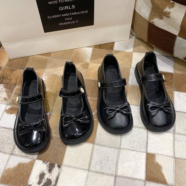 Giày Lười Mũi Tròn Đính Nơ Màu Đen Dễ Thương Cho Nữ