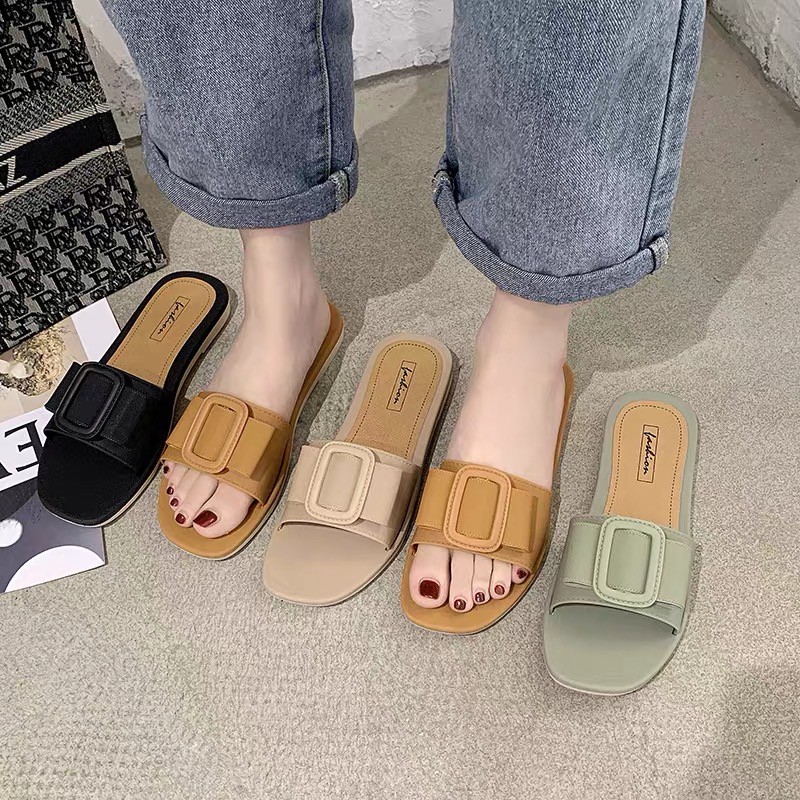 (Hàng Giới Hạn)Dép lê nữ quai ngang vuông đính khuy size 36-40