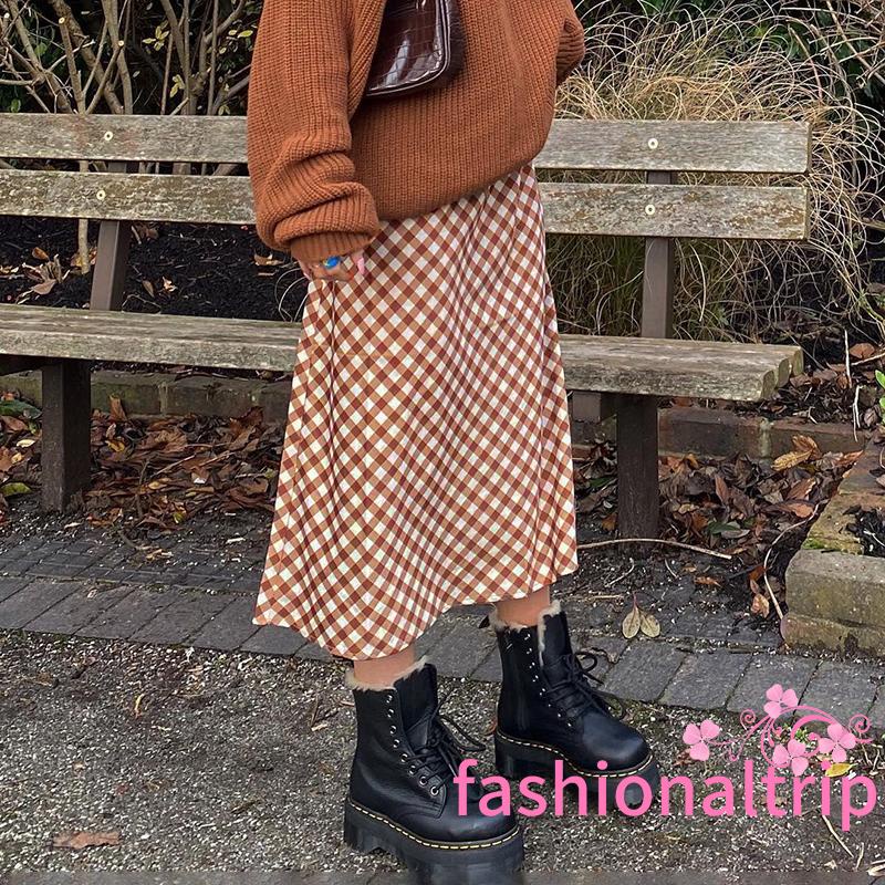 Chân Váy Dài Dáng Chữ A Lưng Cao Họa Tiết Sọc Caro Thời Trang Cho Nữ