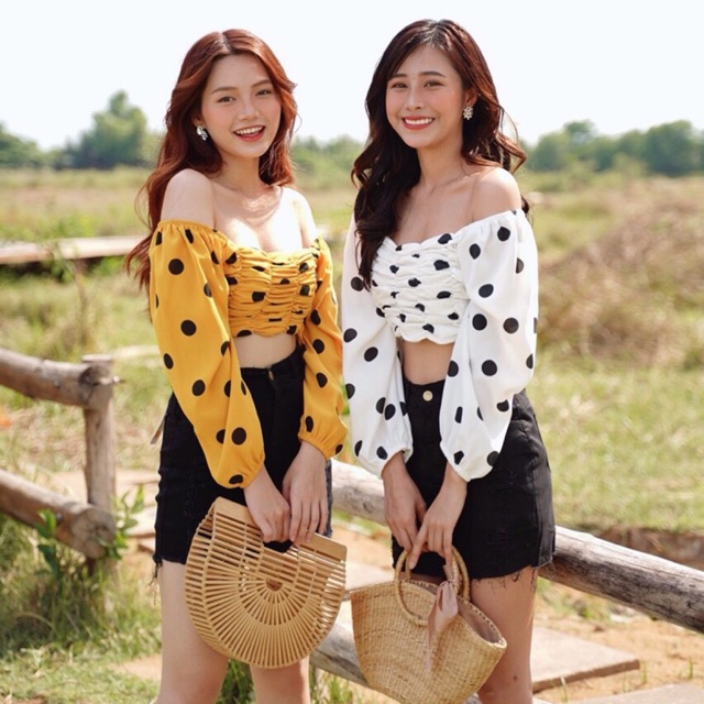 Áo crop bi nhún tay phồng 2 màu xb