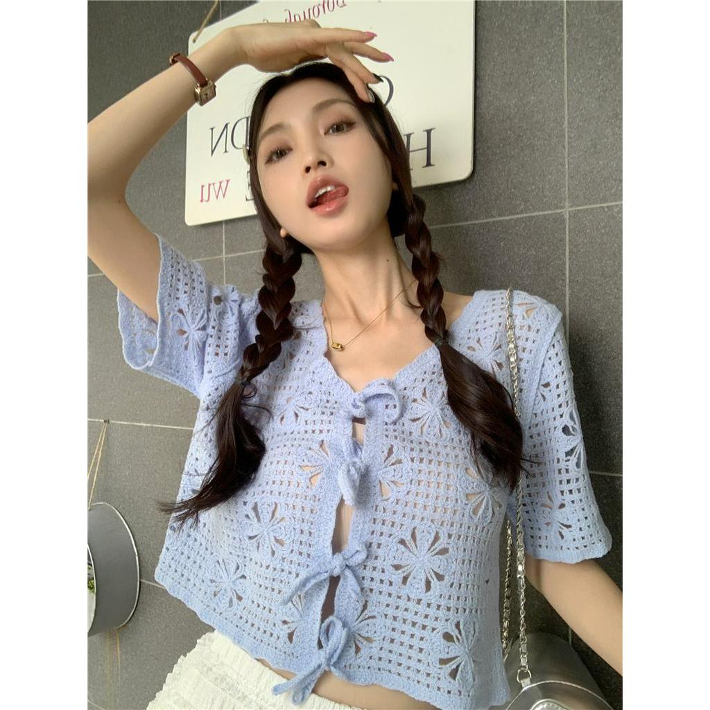 Áo Cardigan Dệt Kim Mỏng Họa Tiết Hoa Phong Cách Retro Pháp Thời Trang Mùa Hè 63023