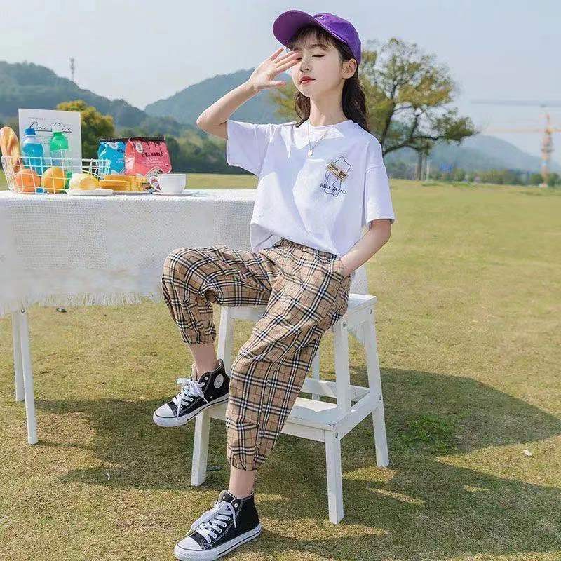 áo bé gái size đạiquần gái◎☃☜Quần áo trẻ em và bé gái  suit 2021 Phong cách nước ngoài mới Hàn Quốc ngắn tay mùa hè hai