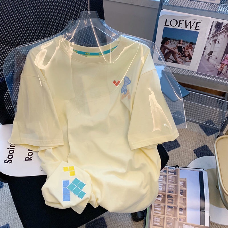 Áo Thun Ngắn Tay Thêu Hình Chú Gấu Vàng Phong Cách Hàn Quốc Mới